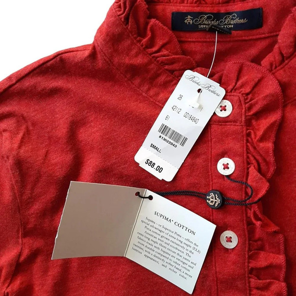 Brooks Brothers Supima Soft Blouse Ruffled Red Neck Top in Size Small - Picture 7 of 7